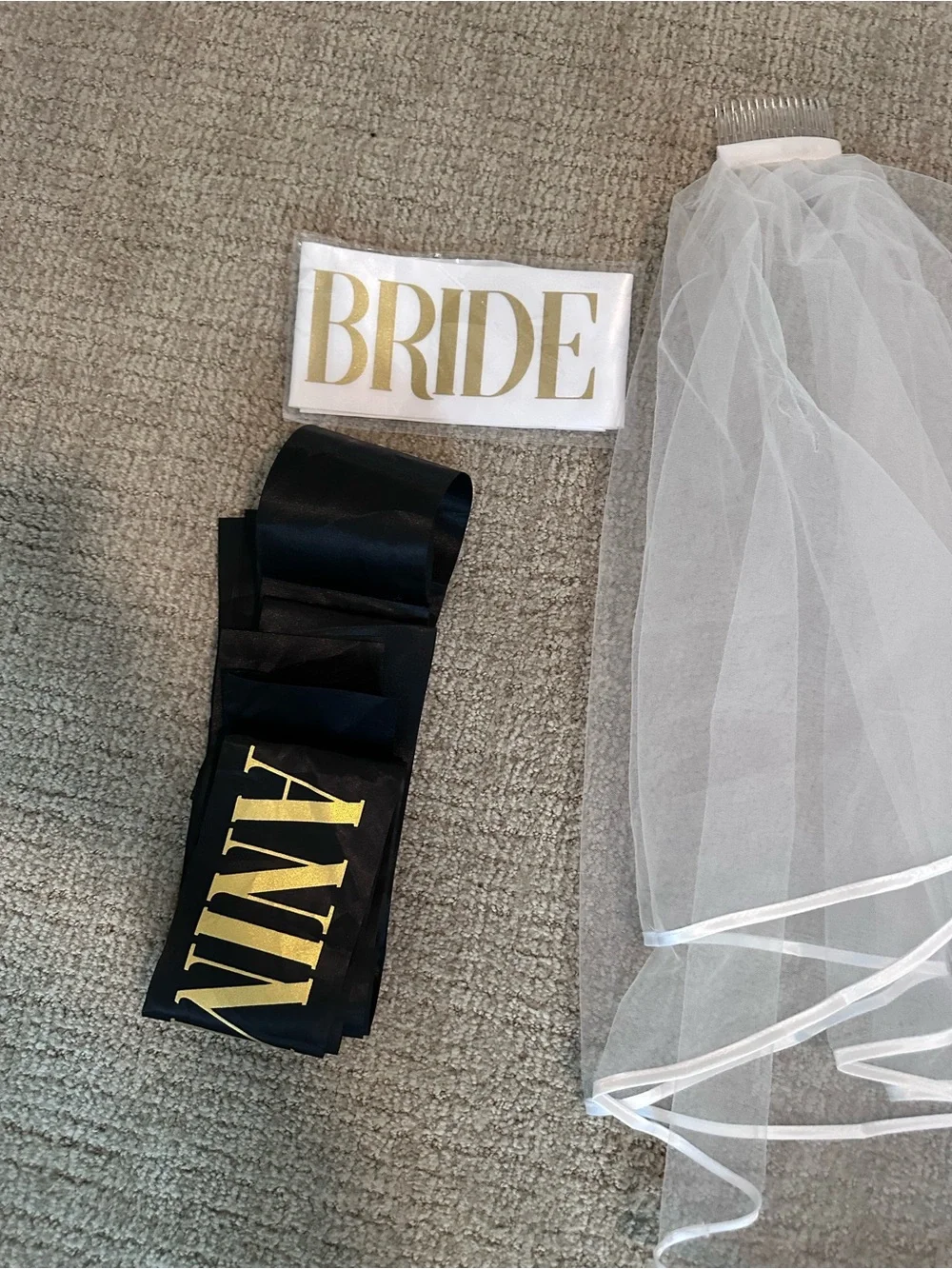 White Bridal Veil with 'Bride' and Black 'ANNY' Sashes